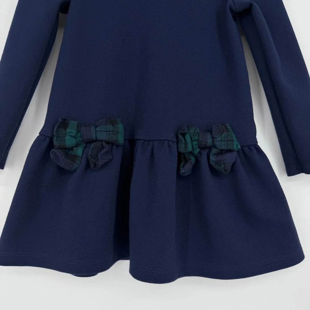 Janie and Jack Navy Blue Tartan Bow Ponte Dress‎ Long Sleeve Size 3